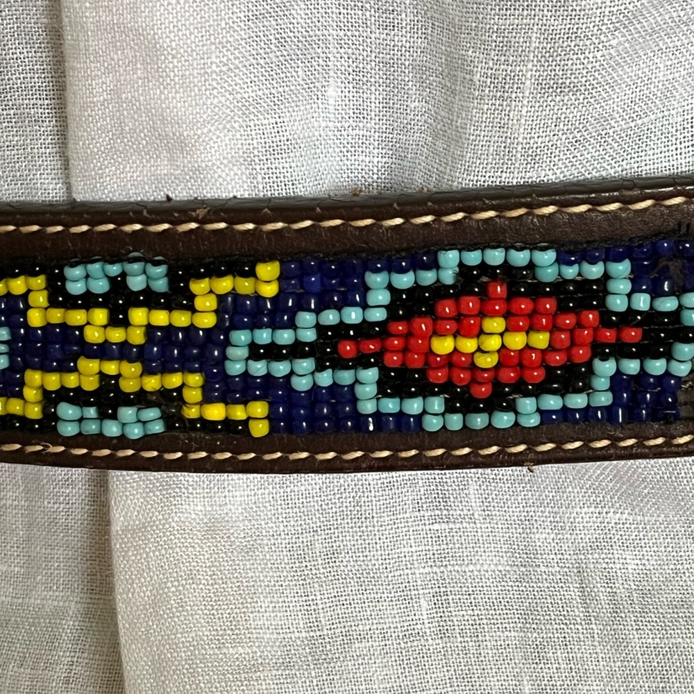 J Crew Native American Beaded Leather Belt Brass Buckle Blue Red Yellow Beads
